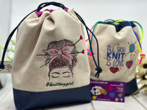 Knitting Girl Drawstring Project Bag