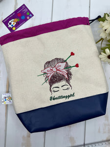 Knitting Girl Drawstring Project Bag